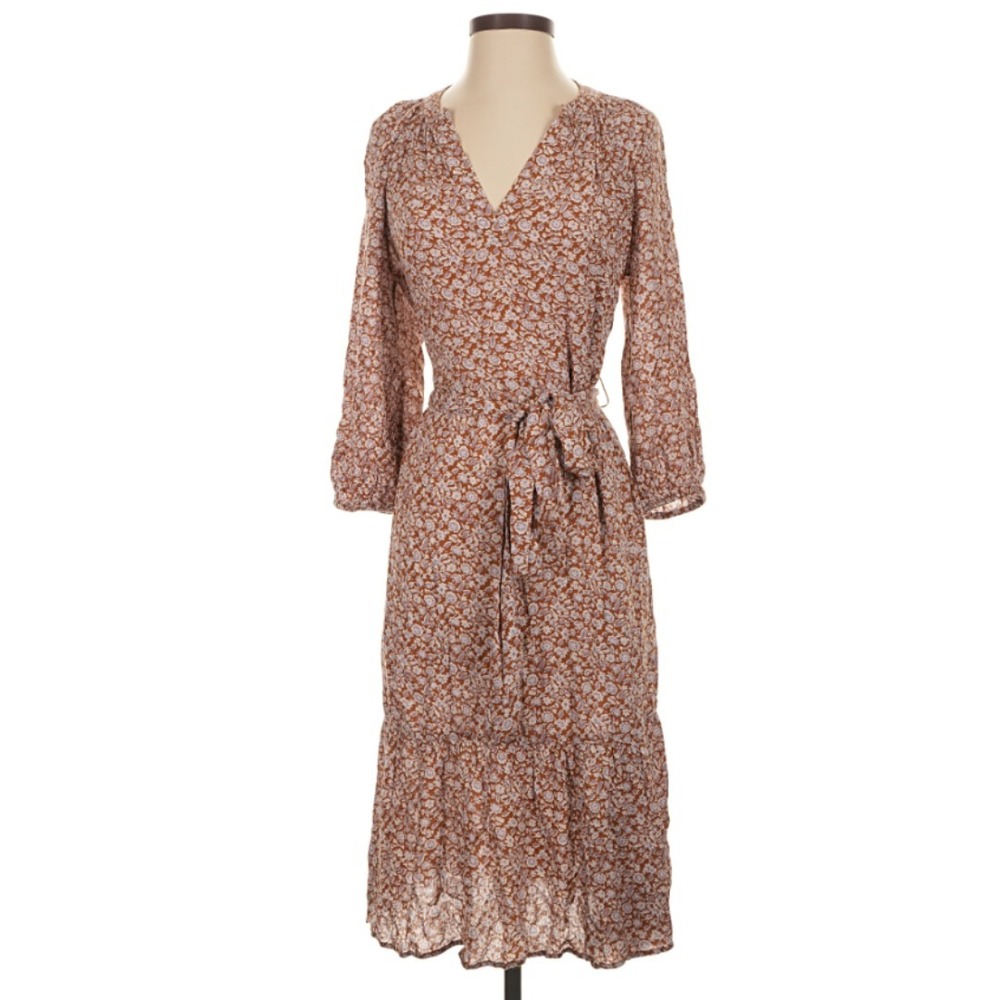 NWT Gap Floral Midi Dress Petite Small Brown 3/4 Sleeve V Neck Boho Peasant